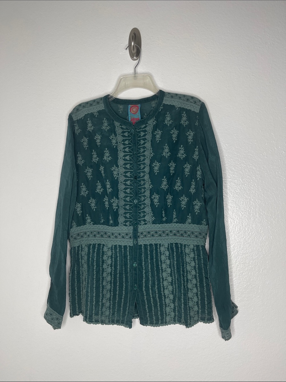 Johnny Was Rayon Green Long Sleeve Embroidered Blouse Size Large